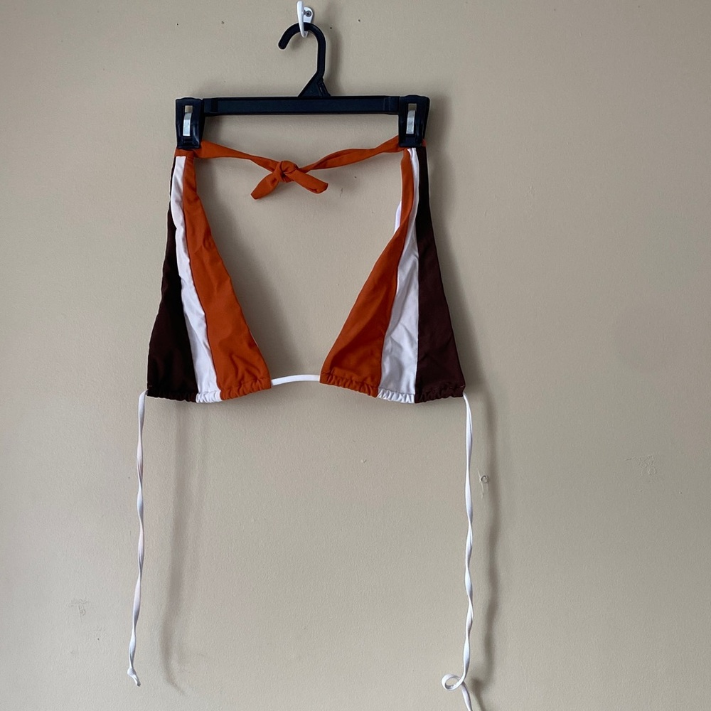 Colorblock Bikini Top Orange Brown White Halter Tie Triangle Swim Top Size M